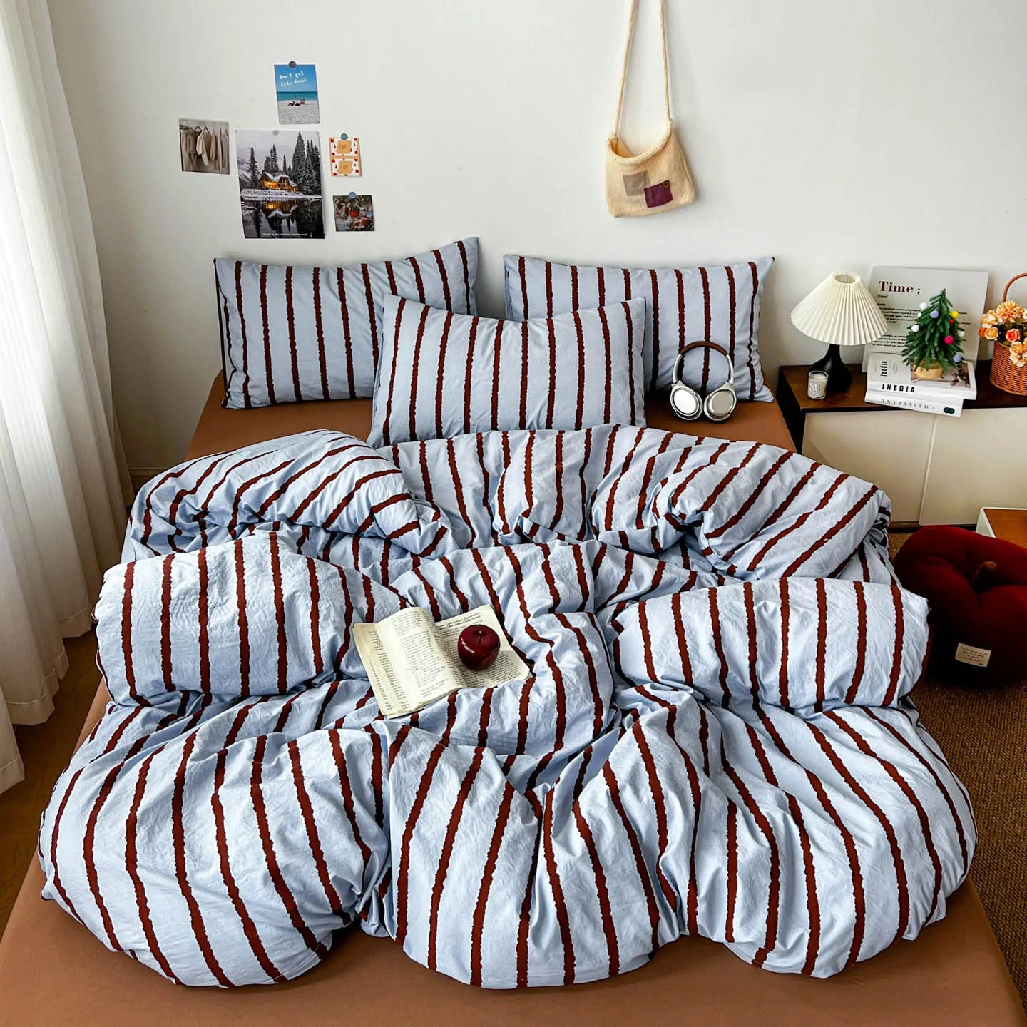 3pcs Simple Pink Striped Duvet Cover Set with 2 Pillowcases Soft Washed Cotton Bedding Set For Girls 150x200cm Bedroom Decor