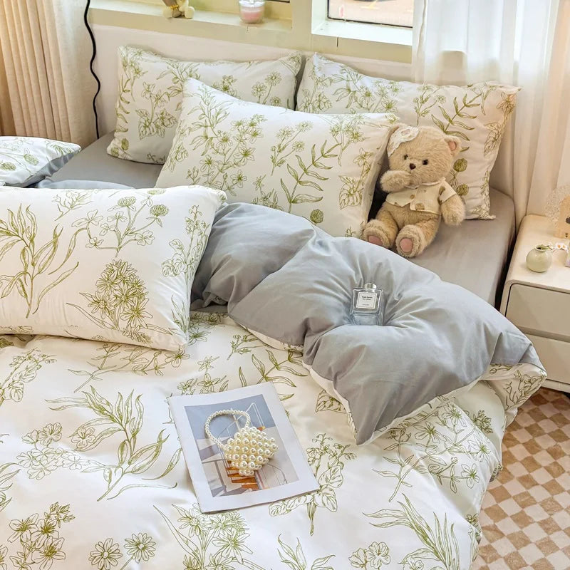 Washed Cotton Bedding Set Single Bed Three Piece Set Student Dormitory Pure Color Four Piece Set Bed Sheet Duvet Cover Quilt