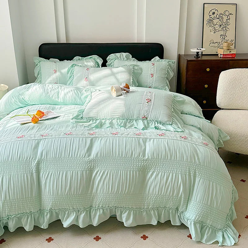 Korean Princess Style Lace Ruffles Wedding Bedding Set Seersucker Washed Cotton Soft Duvet Cover Set Bed Sheet Pillowcase 3/4Pcs