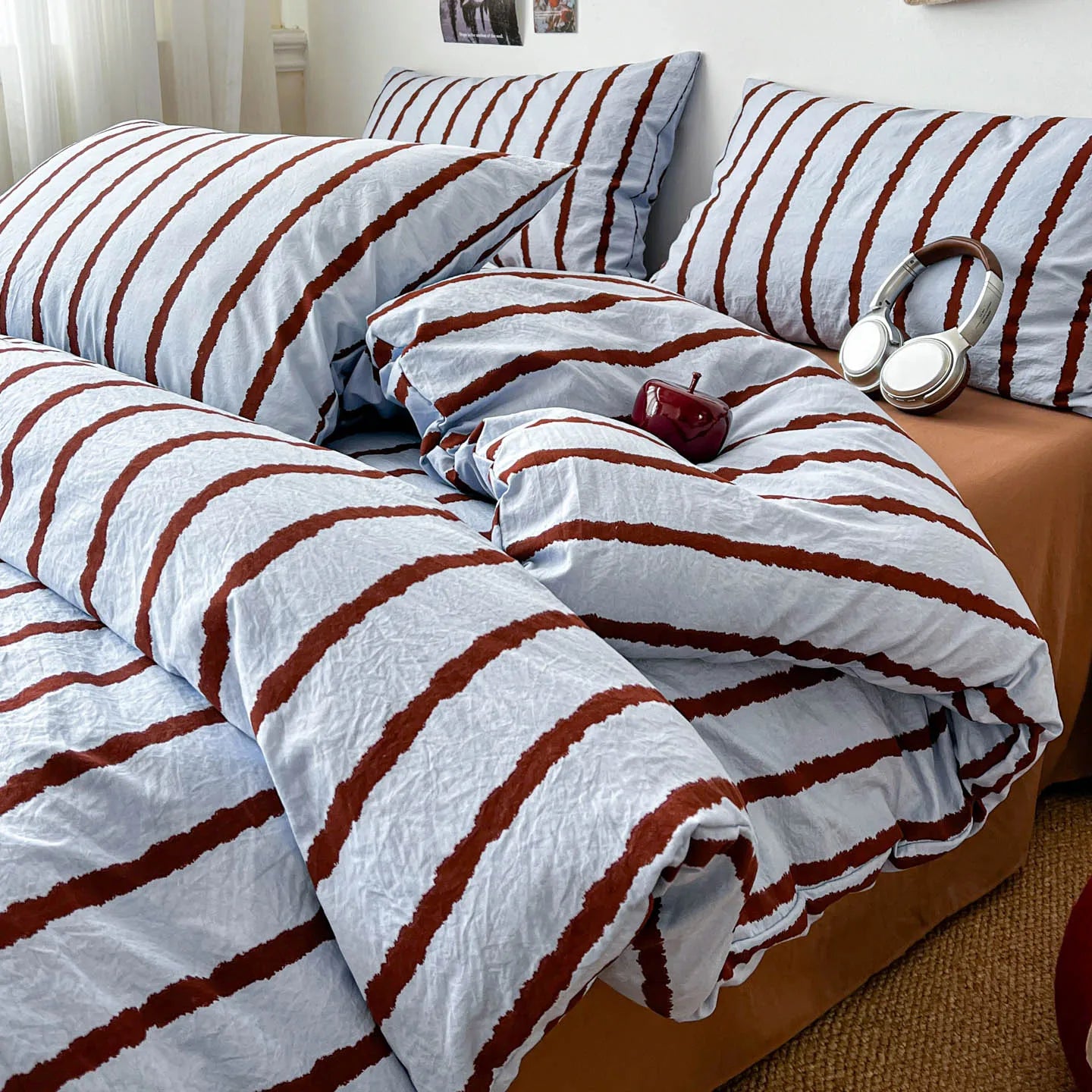 3pcs Simple Pink Striped Duvet Cover Set with 2 Pillowcases Soft Washed Cotton Bedding Set For Girls 150x200cm Bedroom Decor