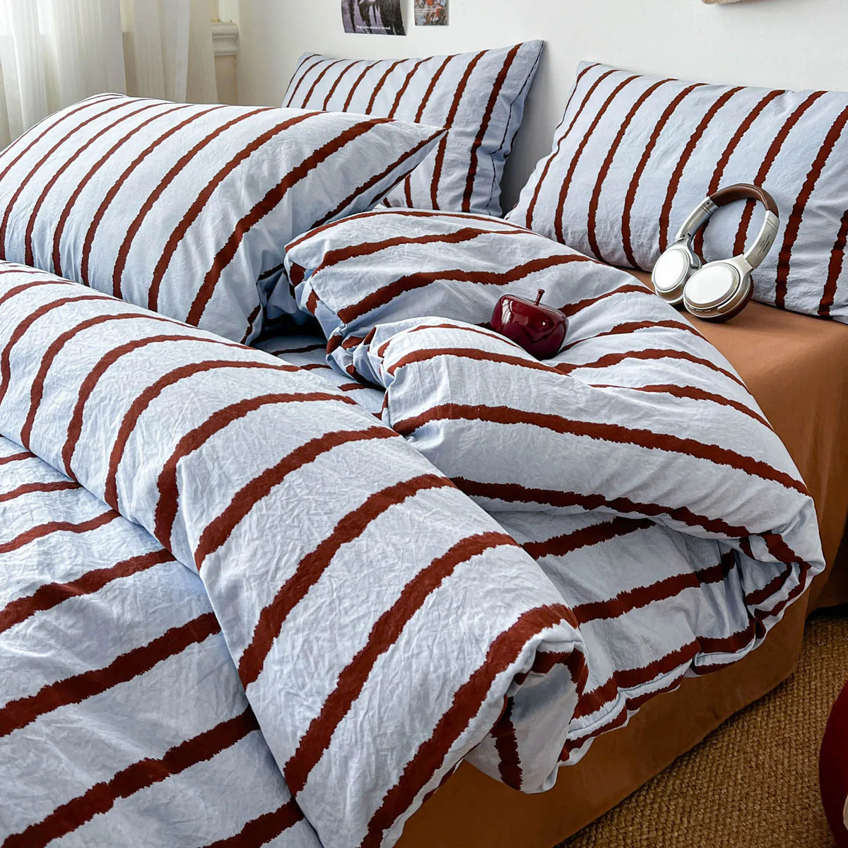 3pcs Simple Pink Striped Duvet Cover Set with 2 Pillowcases Soft Washed Cotton Bedding Set For Girls 150x200cm Bedroom Decor
