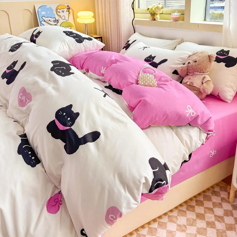 Washed Cotton Bedding Set Single Bed Three Piece Set Student Dormitory Pure Color Four Piece Set Bed Sheet Duvet Cover Quilt