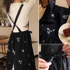 Kitchen Garden Embroidered Waterproof Cotton Dress Apron Women'S Cross Back Long Pleated Apron, Used for Cooking Work