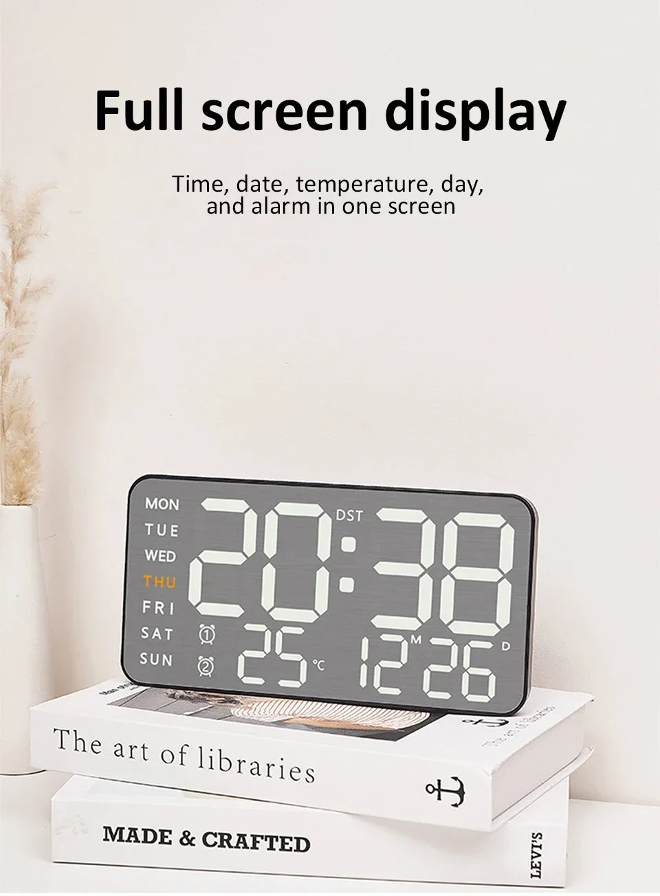 Mirror Brushed Finish Silent Wall Clock, Digital LED Display with Temperature Date Alarm, Modern Minimalist Decor for Bedroom