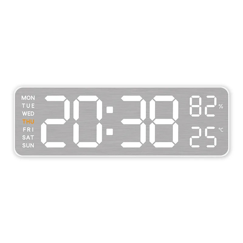 Mirror Brushed Finish Silent Wall Clock, Digital LED Display with Temperature Date Alarm, Modern Minimalist Decor for Bedroom