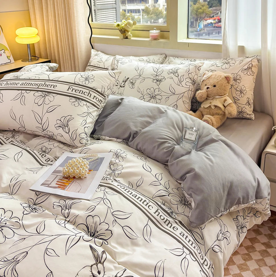 Washed Cotton Bedding Set Single Bed Three Piece Set Student Dormitory Pure Color Four Piece Set Bed Sheet Duvet Cover Quilt