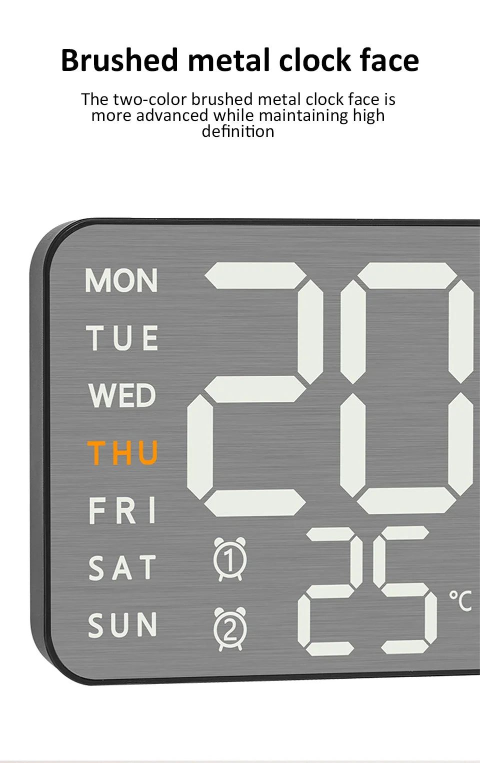 Mirror Brushed Finish Silent Wall Clock, Digital LED Display with Temperature Date Alarm, Modern Minimalist Decor for Bedroom