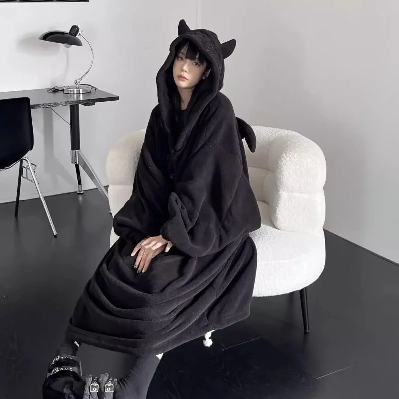 Thickened padded pajamas Solid color Homewear Loose oversized hooded Dresses Imp couple robe Fall and winter one-piece Sleepwear