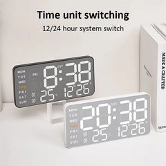 Mirror Brushed Finish Silent Wall Clock, Digital LED Display with Temperature Date Alarm, Modern Minimalist Decor for Bedroom