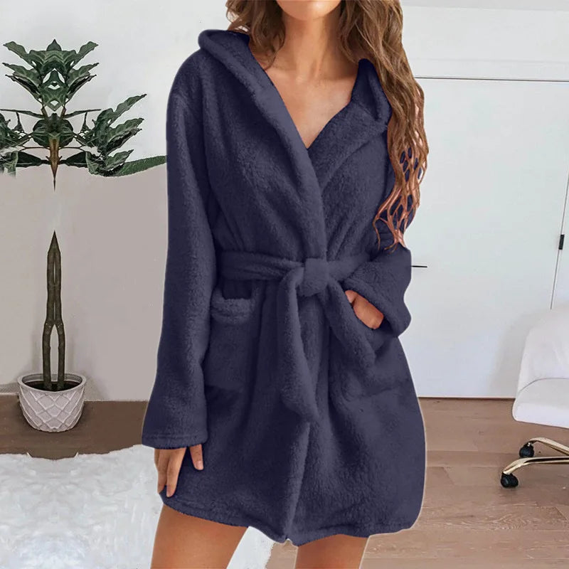 Autumn Winter Women Sexy Bath Robe Fluffy Plush Pyjamas Ladies Hooded Dressing Solid Color Gown Warm Bathrobe Female Loungewear