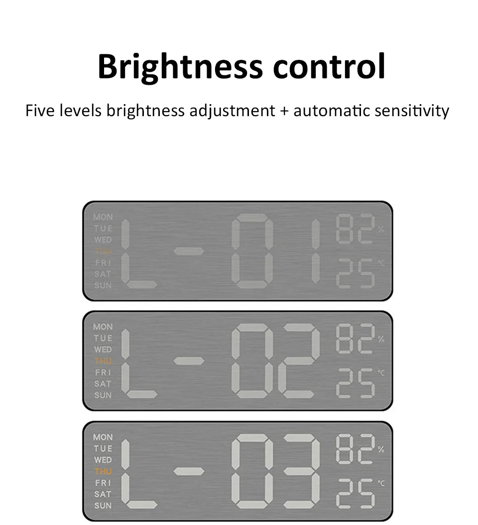 Mirror Brushed Finish Silent Wall Clock, Digital LED Display with Temperature Date Alarm, Modern Minimalist Decor for Bedroom