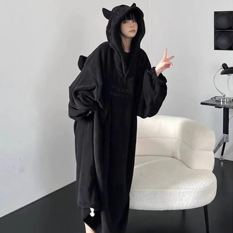 Thickened padded pajamas Solid color Homewear Loose oversized hooded Dresses Imp couple robe Fall and winter one-piece Sleepwear