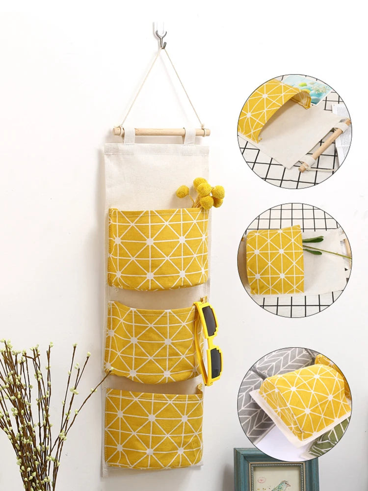 1PC Three Pockets Hanging Wall Storage Bag Household Bedroom Living Room Kitchen Cotton Linen Storage Bag