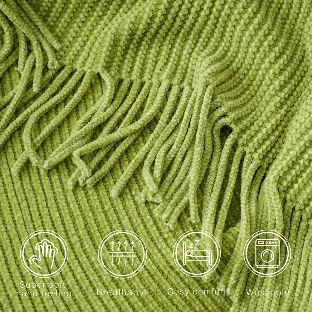 Battilo Chenille Knit Blankets with Tassels Green Plaid Throw Blanket for Bed Couch Decorative Sofa Blanket Bedroom Spring Decor