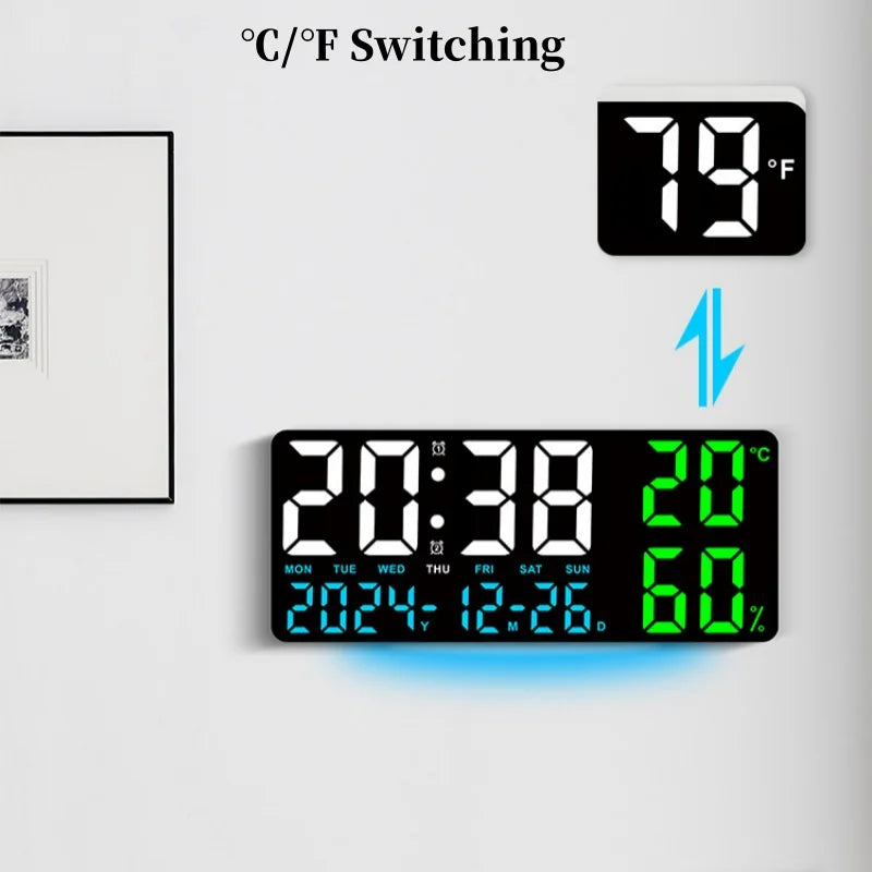 Large Digital Wall Clock with 7Colors Mood Light 2 Alarm TEMP Humidity Date Table Clock 12/24H Timing Countdown LED Alarm Clock