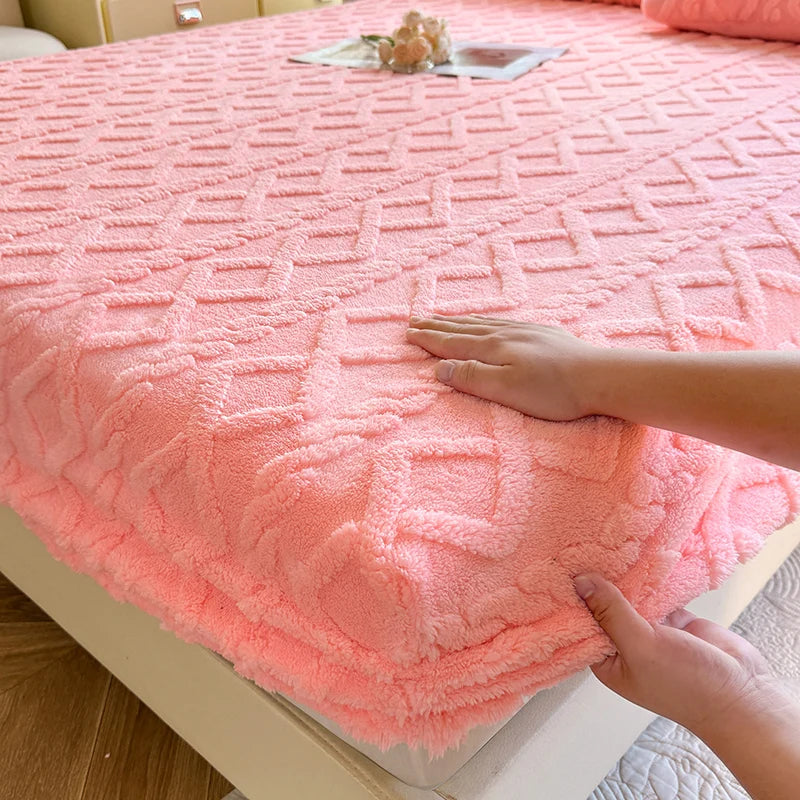 1pc Winter Warm Bed Sheet with Elastic Band Single/Queen/King Mattress Cover Thick Coral Fleece Fluffy Fitted Bed Sheets for Bed