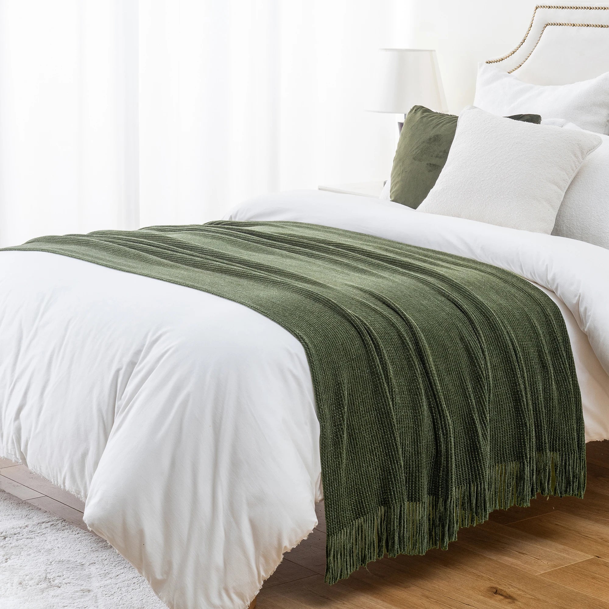 Battilo Chenille Knit Blankets with Tassels Green Plaid Throw Blanket for Bed Couch Decorative Sofa Blanket Bedroom Spring Decor