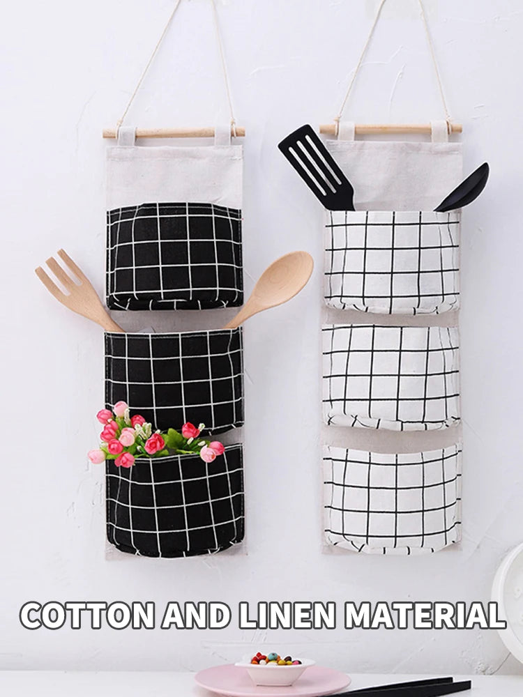 1PC Three Pockets Hanging Wall Storage Bag Household Bedroom Living Room Kitchen Cotton Linen Storage Bag