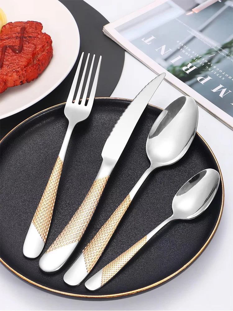 24pcs stainless steel tableware set, including knife, fork, spoon and coffee spoon gift box, dishwasher safe.