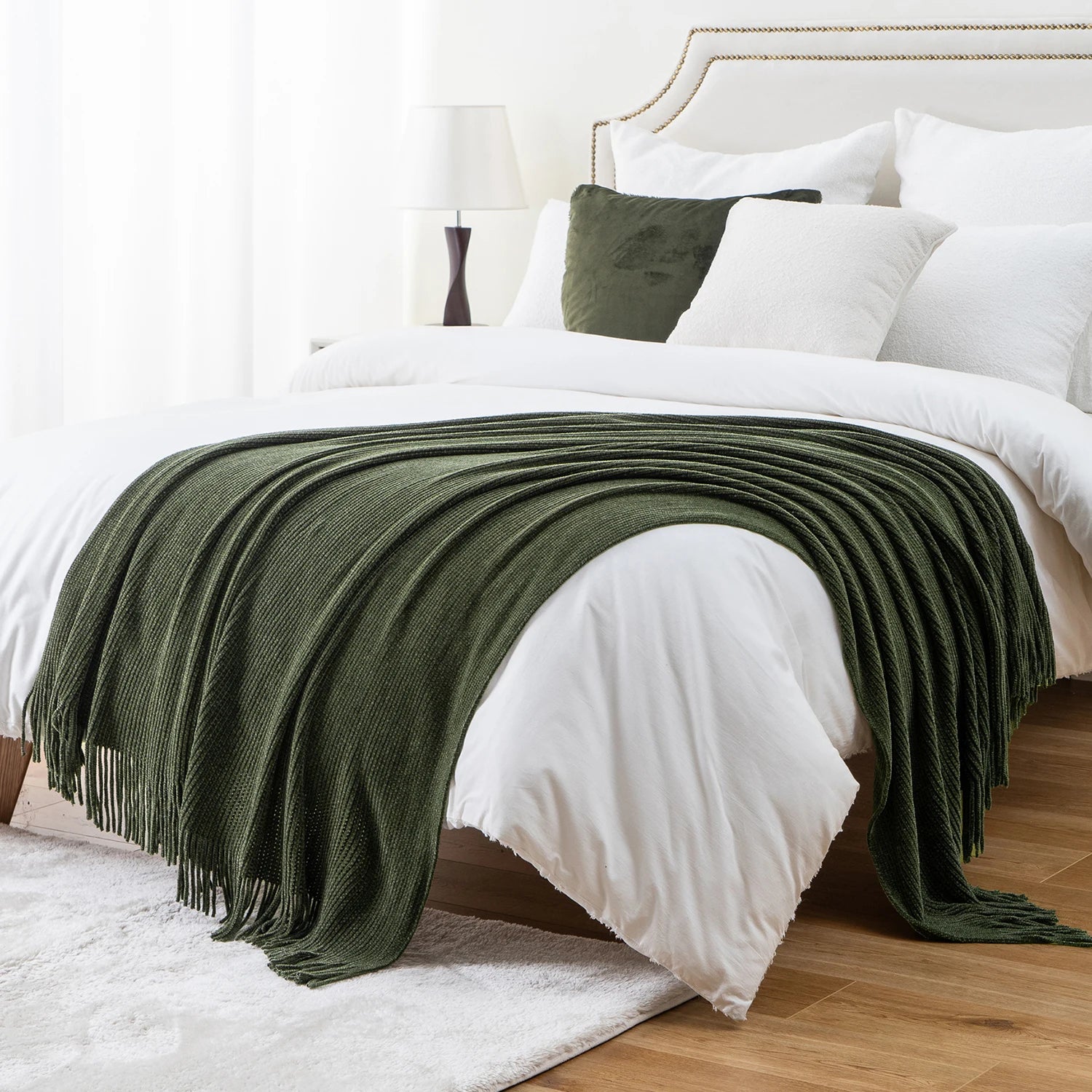 Battilo Chenille Knit Blankets with Tassels Green Plaid Throw Blanket for Bed Couch Decorative Sofa Blanket Bedroom Spring Decor