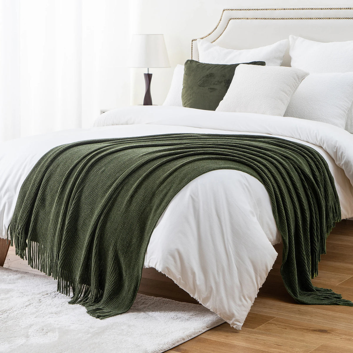 Battilo Chenille Knit Blankets with Tassels Green Plaid Throw Blanket for Bed Couch Decorative Sofa Blanket Bedroom Spring Decor