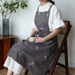 Kitchen Garden Embroidered Waterproof Cotton Dress Apron Women'S Cross Back Long Pleated Apron, Used for Cooking Work