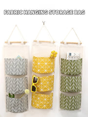 1PC Three Pockets Hanging Wall Storage Bag Household Bedroom Living Room Kitchen Cotton Linen Storage Bag