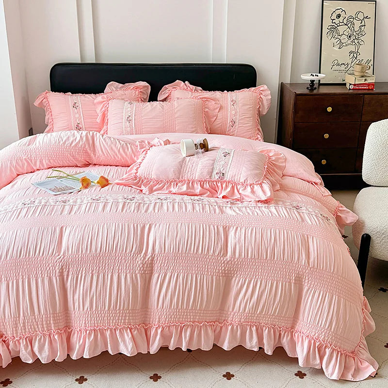 Korean Princess Style Lace Ruffles Wedding Bedding Set Seersucker Washed Cotton Soft Duvet Cover Set Bed Sheet Pillowcase 3/4Pcs