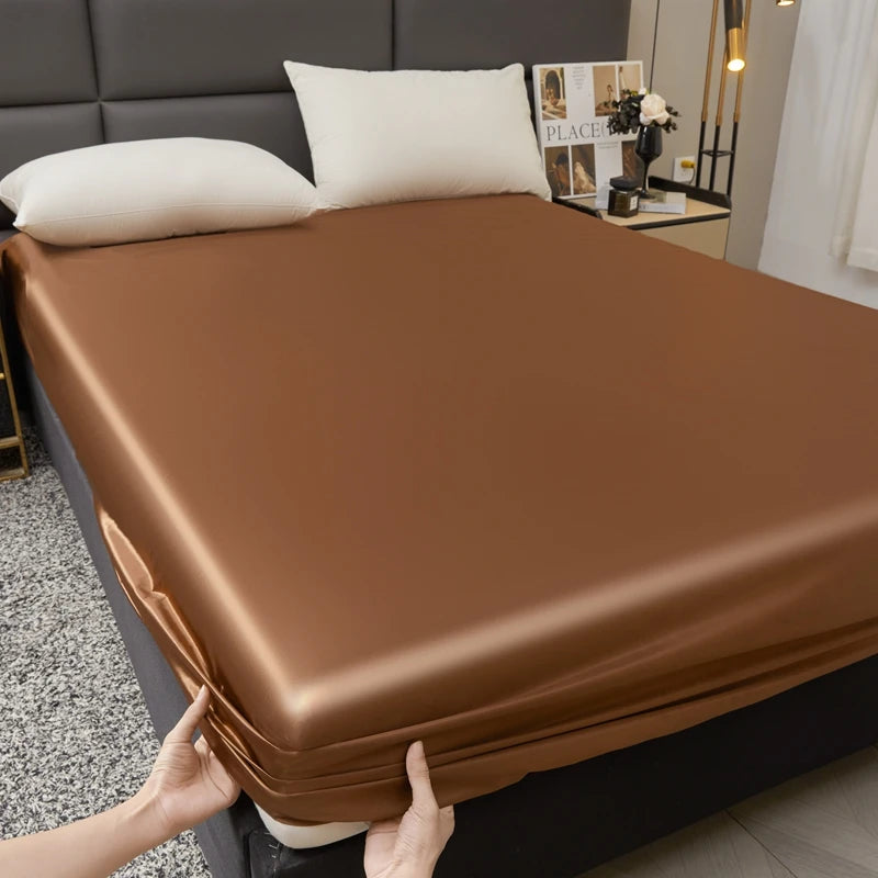 Waterproof Smooth Satin Fitted Sheet For Single Double Queen King Bed Silky Mattress Protector For Women Kids Family with Pet