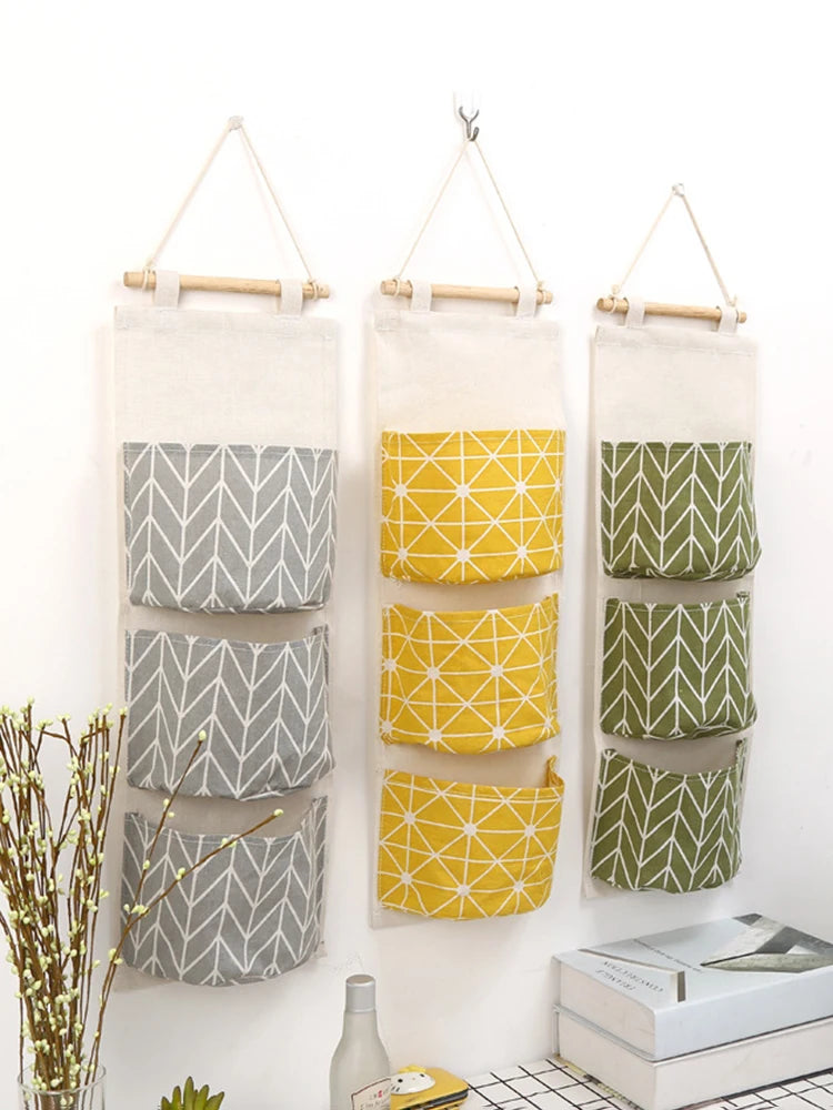 1PC Three Pockets Hanging Wall Storage Bag Household Bedroom Living Room Kitchen Cotton Linen Storage Bag