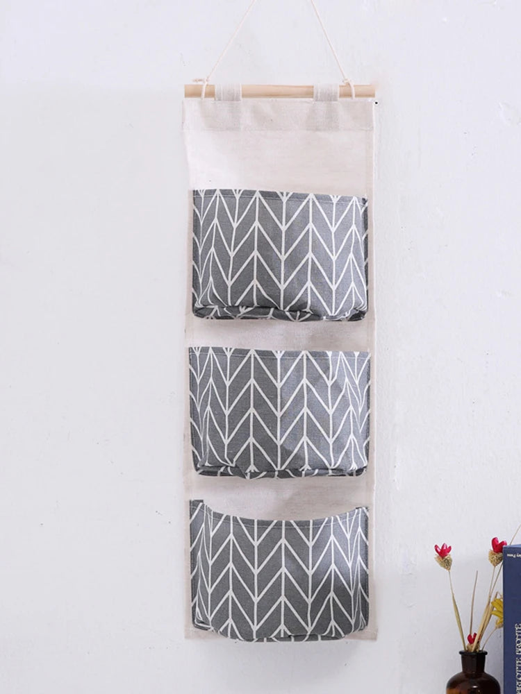 1PC Three Pockets Hanging Wall Storage Bag Household Bedroom Living Room Kitchen Cotton Linen Storage Bag