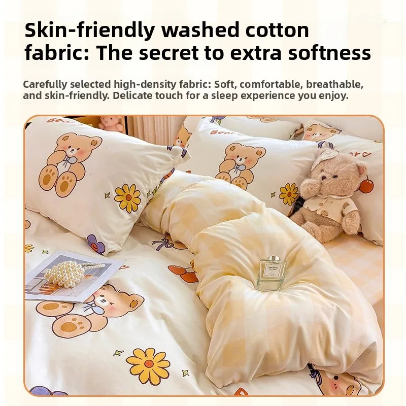 Washed Cotton Bedding Set Single Bed Three Piece Set Student Dormitory Pure Color Four Piece Set Bed Sheet Duvet Cover Quilt