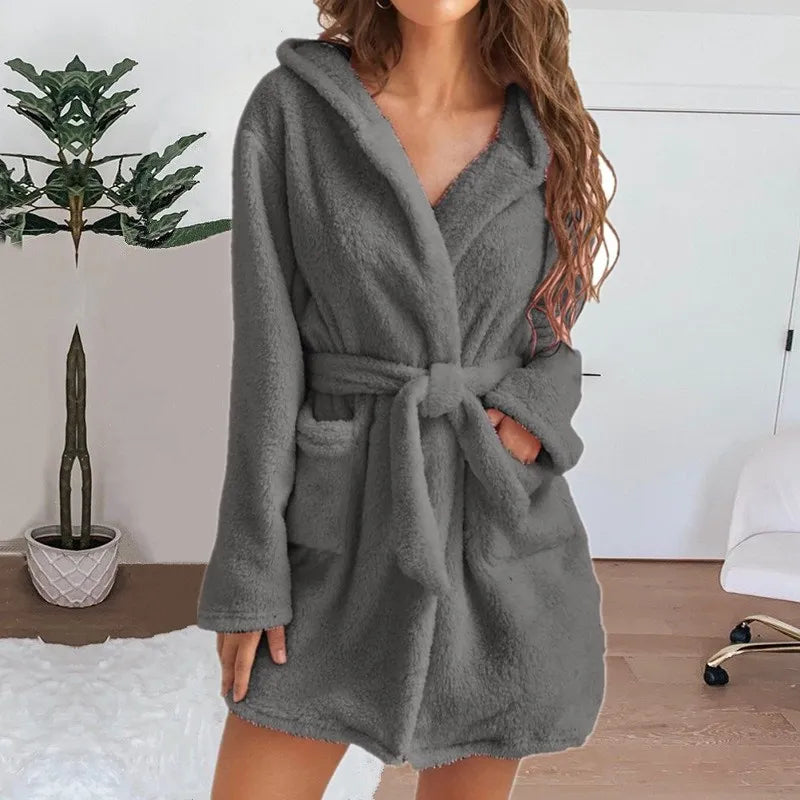 Autumn Winter Women Sexy Bath Robe Fluffy Plush Pyjamas Ladies Hooded Dressing Solid Color Gown Warm Bathrobe Female Loungewear