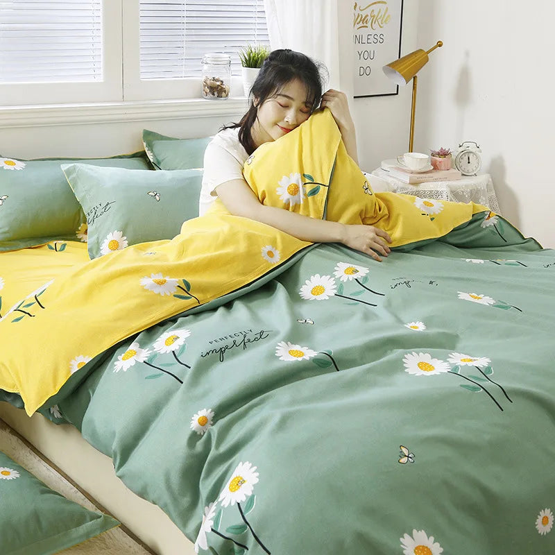 Daisy Printed King Size Duvet Cover Set with Sheets High Quality Washed Cotton Bedding Set Queen Home Bed Sets Comforter Covers
