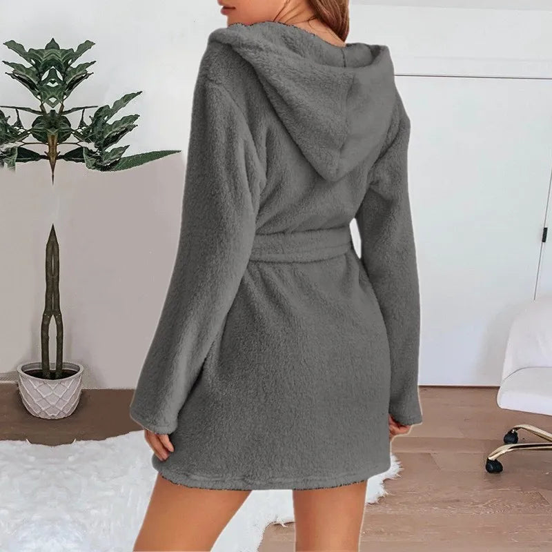 Autumn Winter Women Sexy Bath Robe Fluffy Plush Pyjamas Ladies Hooded Dressing Solid Color Gown Warm Bathrobe Female Loungewear