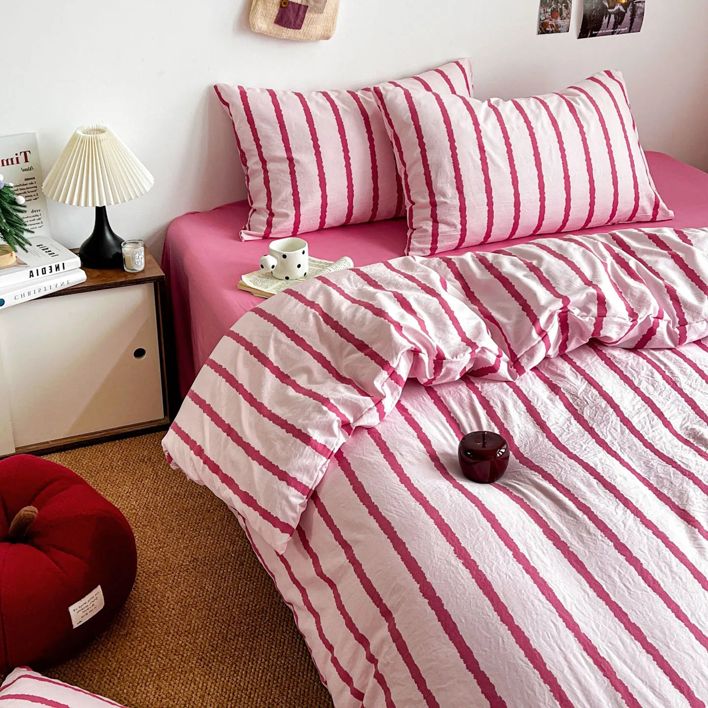 3pcs Simple Pink Striped Duvet Cover Set with 2 Pillowcases Soft Washed Cotton Bedding Set For Girls 150x200cm Bedroom Decor