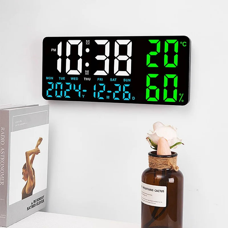 Large Digital Wall Clock with 7Colors Mood Light 2 Alarm TEMP Humidity Date Table Clock 12/24H Timing Countdown LED Alarm Clock