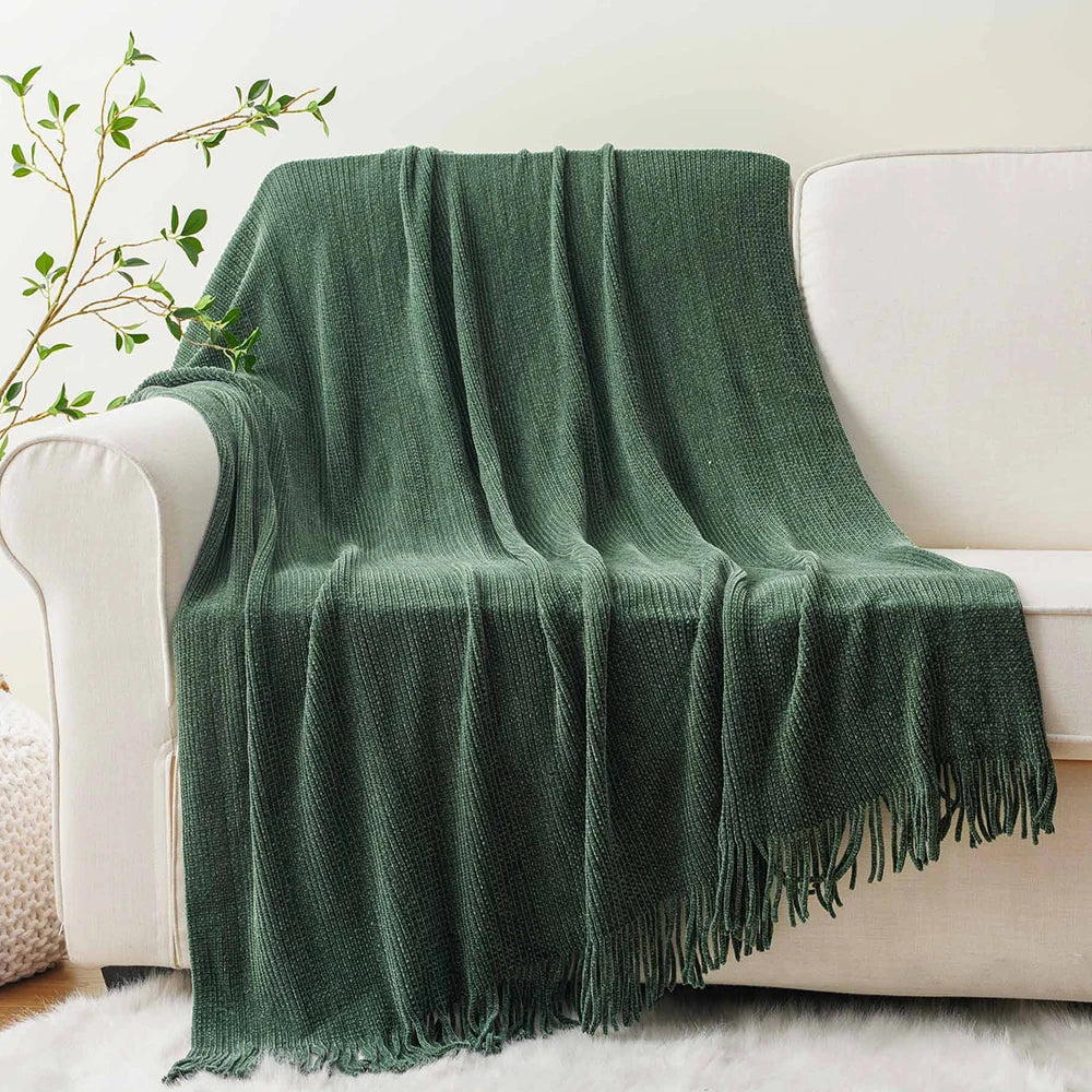 Battilo Chenille Knit Blankets with Tassels Green Plaid Throw Blanket for Bed Couch Decorative Sofa Blanket Bedroom Spring Decor
