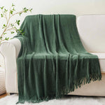 Battilo Chenille Knit Blankets with Tassels Green Plaid Throw Blanket for Bed Couch Decorative Sofa Blanket Bedroom Spring Decor