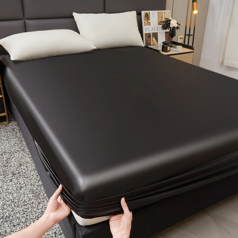 Waterproof Smooth Satin Fitted Sheet For Single Double Queen King Bed Silky Mattress Protector For Women Kids Family with Pet