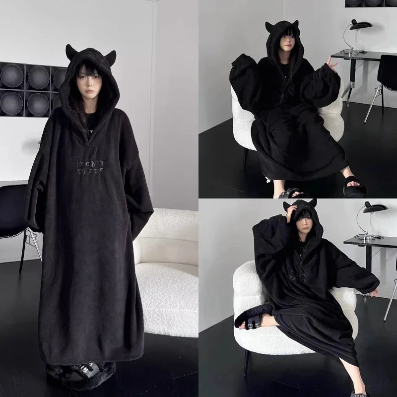 Thickened padded pajamas Solid color Homewear Loose oversized hooded Dresses Imp couple robe Fall and winter one-piece Sleepwear