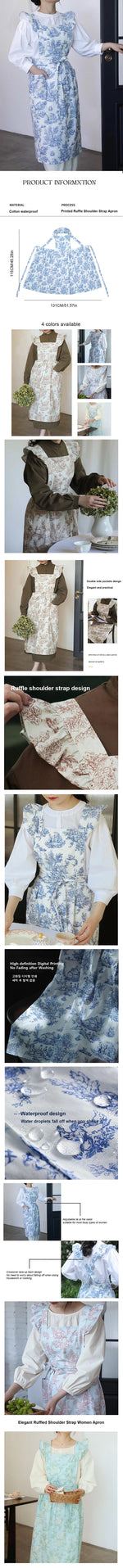 Long Print Water-resistant Cotton Ruffled Kitchen Apron with Pockets for Women Cross-back Pinafore for Cooking Baking Gardening