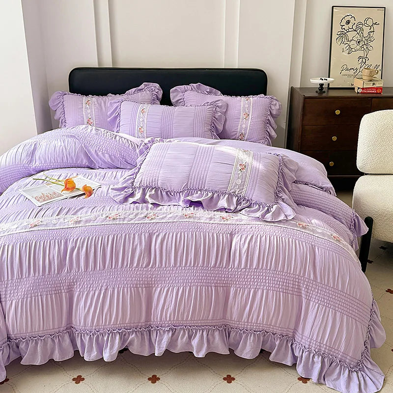 Korean Princess Style Lace Ruffles Wedding Bedding Set Seersucker Washed Cotton Soft Duvet Cover Set Bed Sheet Pillowcase 3/4Pcs