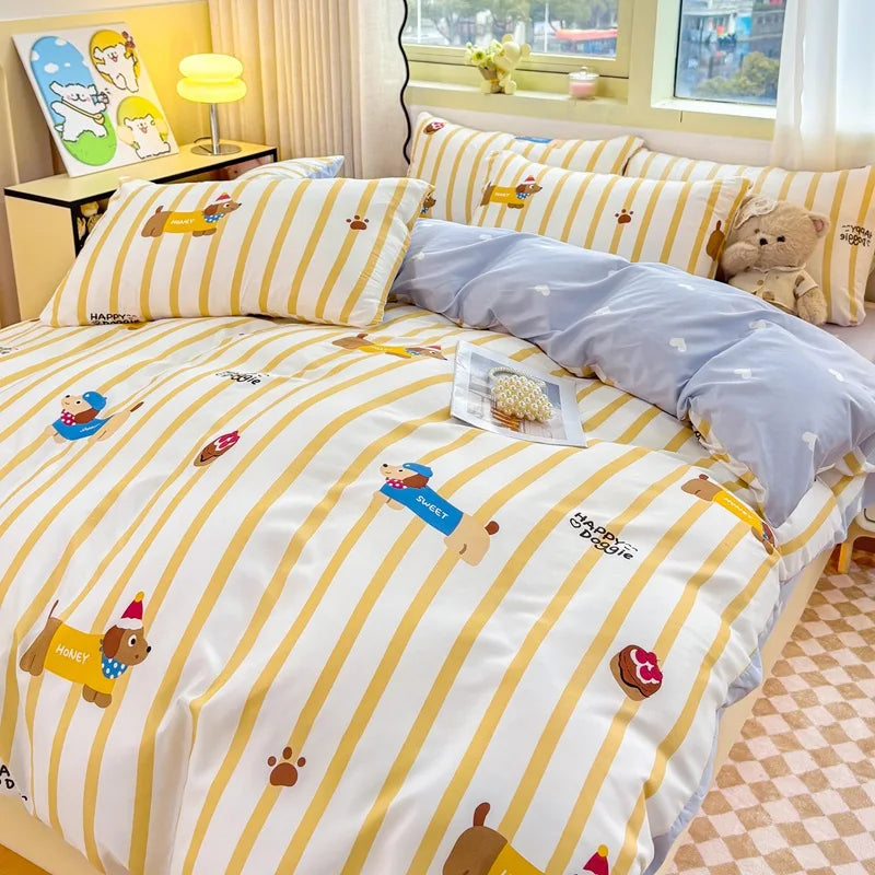 Washed Cotton Bedding Set Single Bed Three Piece Set Student Dormitory Pure Color Four Piece Set Bed Sheet Duvet Cover Quilt
