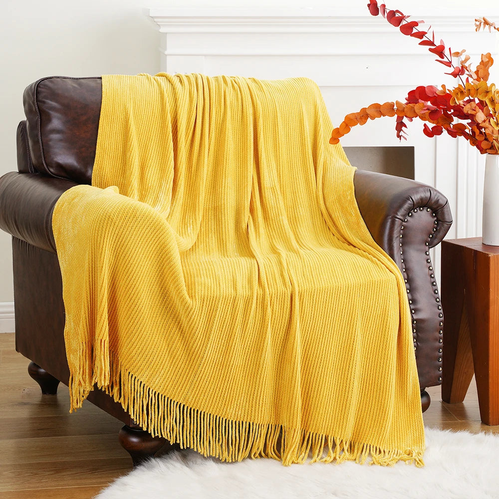 Battilo Chenille Knit Blankets with Tassels Green Plaid Throw Blanket for Bed Couch Decorative Sofa Blanket Bedroom Spring Decor