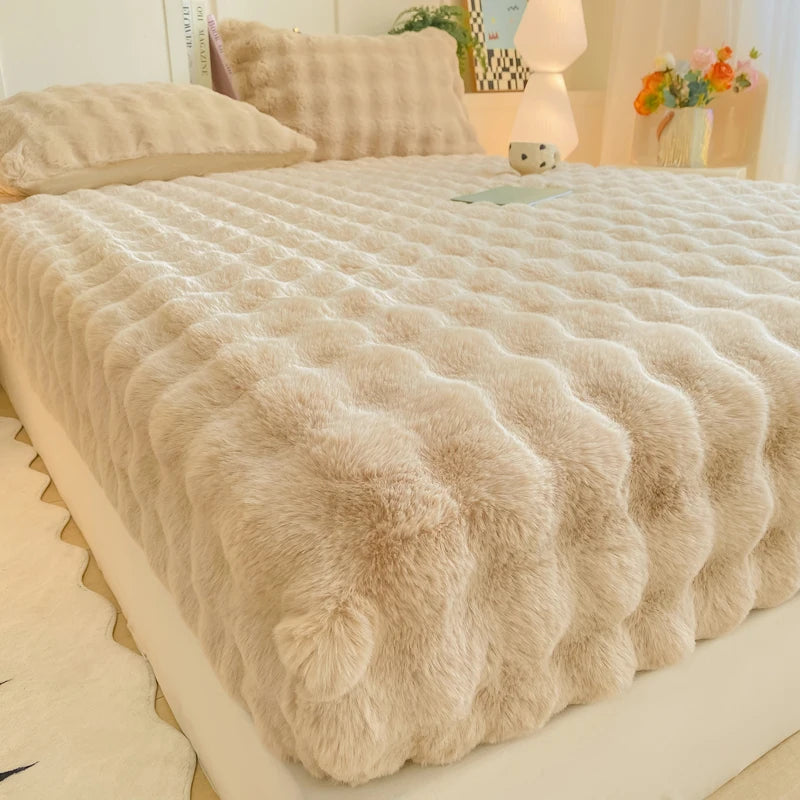 Fluffy Plush Fitted Bed Sheet for Winter Solid Color Rabbit Fleece Bed Sheets on Elastic Winter Warm Thicken Mattress Protector
