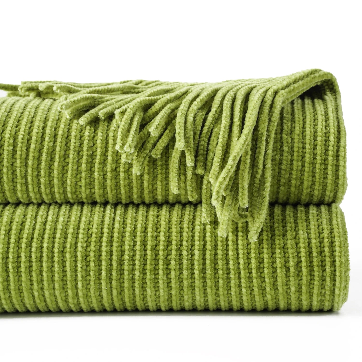 Battilo Chenille Knit Blankets with Tassels Green Plaid Throw Blanket for Bed Couch Decorative Sofa Blanket Bedroom Spring Decor