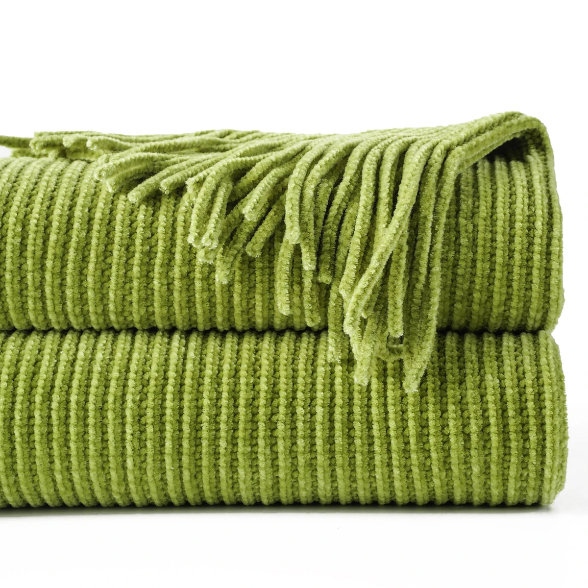 Battilo Chenille Knit Blankets with Tassels Green Plaid Throw Blanket for Bed Couch Decorative Sofa Blanket Bedroom Spring Decor