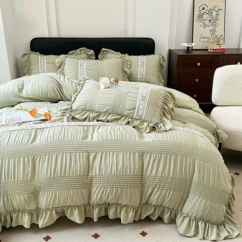 Korean Princess Style Lace Ruffles Wedding Bedding Set Seersucker Washed Cotton Soft Duvet Cover Set Bed Sheet Pillowcase 3/4Pcs