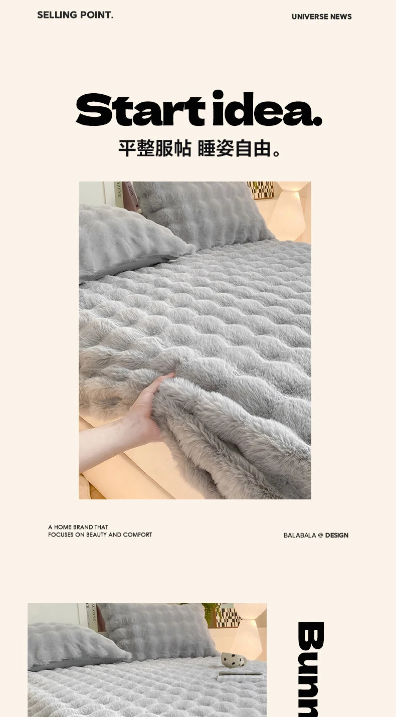 Fluffy Plush Fitted Bed Sheet for Winter Solid Color Rabbit Fleece Bed Sheets on Elastic Winter Warm Thicken Mattress Protector